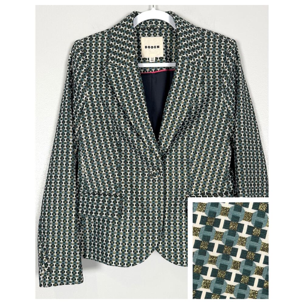 Boden The Canonbury Jacquard Blazer Jacket Green Gold Geometric US 8 Reg Career